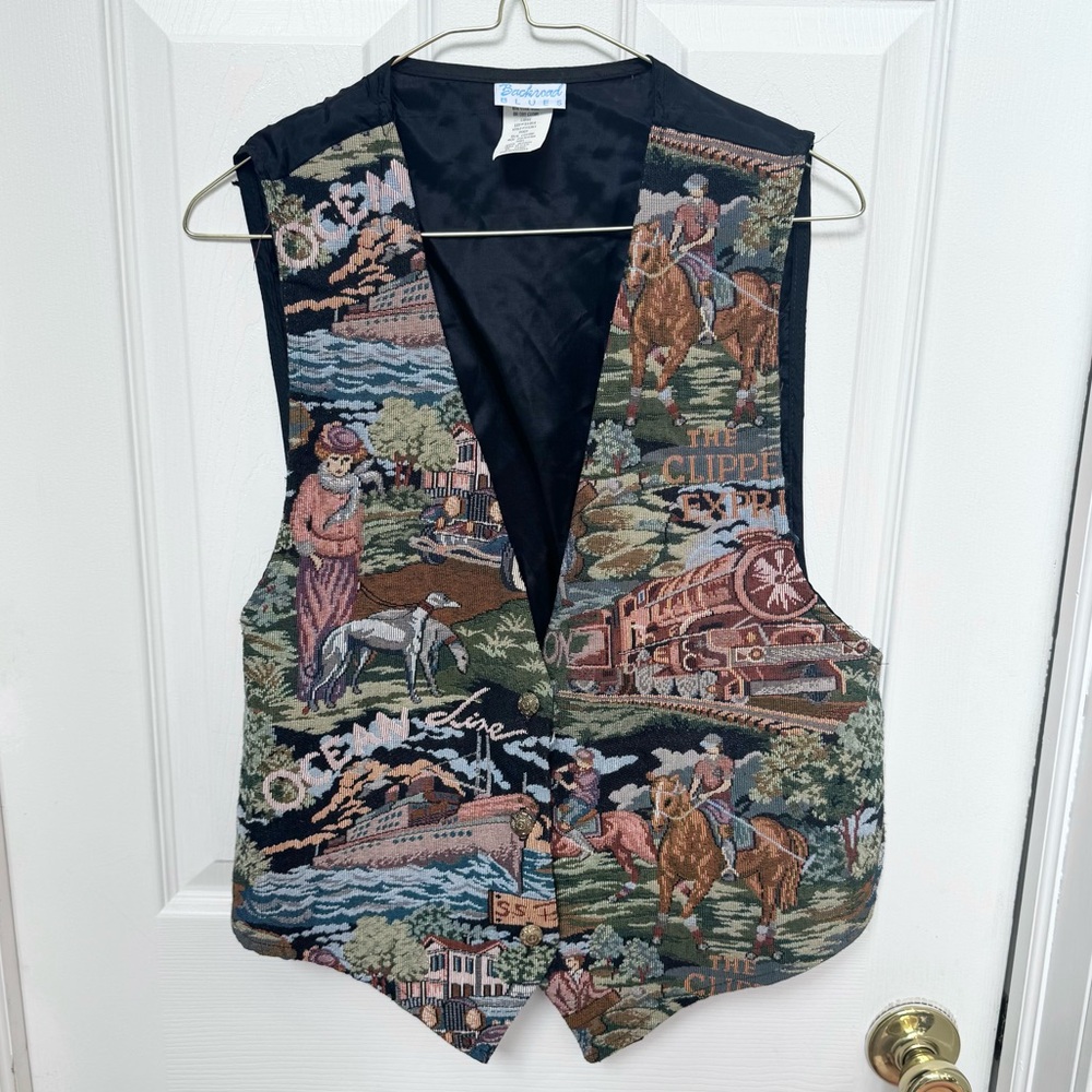 Vintage “Backroad Blues” Tapestry Vest with Scenic Design - LARGE
